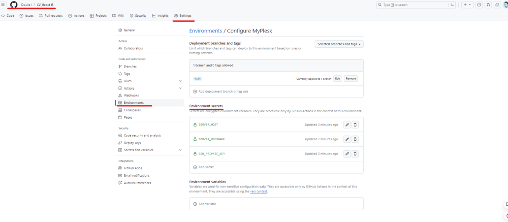 environement secrets Plesk